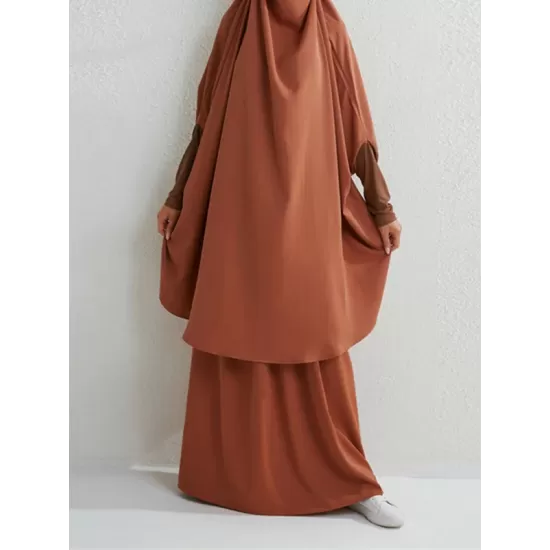 Solid Color Batwing Sleeves Long Sleeves Muslim High Neck Shirts Top + Skirts Bottom Two Pieces Set