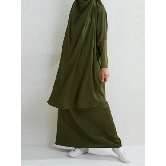 Solid Color Batwing Sleeves Long Sleeves Muslim High Neck Shirts Top + Skirts Bottom Two Pieces Set