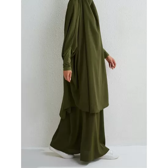 Solid Color Batwing Sleeves Long Sleeves Muslim High Neck Shirts Top + Skirts Bottom Two Pieces Set