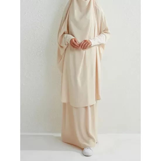 Solid Color Batwing Sleeves Long Sleeves Muslim High Neck Shirts Top + Skirts Bottom Two Pieces Set