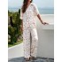 Loose Buttoned Printed Lapel Geometric T-Shirts Top + High Waisted Elasticity Pants Bottom Two Pieces Set