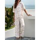 Loose Buttoned Printed Lapel Geometric T-Shirts Top + High Waisted Elasticity Pants Bottom Two Pieces Set