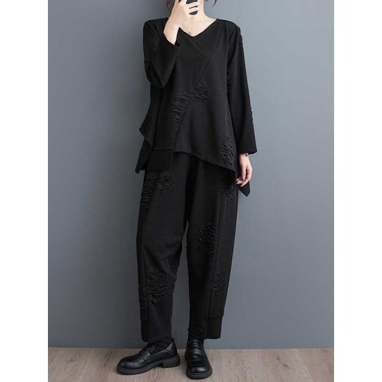 Split-Joint V-Neck Long Sleeves Asymmetric Solid Color T-Shirts Top + Harem Pants Elasticity Pants Bottom Two Pieces Set