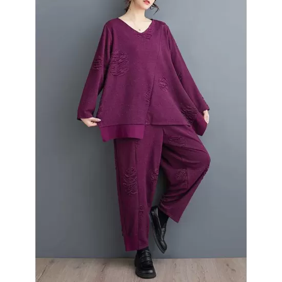 Split-Joint V-Neck Long Sleeves Asymmetric Solid Color T-Shirts Top + Harem Pants Elasticity Pants Bottom Two Pieces Set