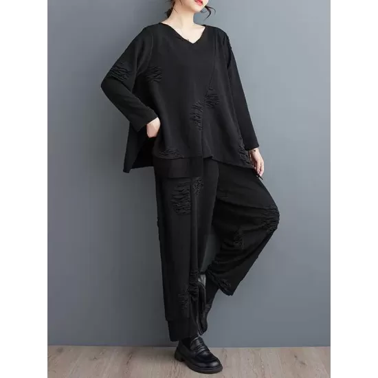 Split-Joint V-Neck Long Sleeves Asymmetric Solid Color T-Shirts Top + Harem Pants Elasticity Pants Bottom Two Pieces Set