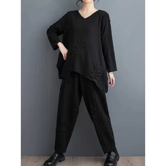 Split-Joint V-Neck Long Sleeves Asymmetric Solid Color T-Shirts Top + Harem Pants Elasticity Pants Bottom Two Pieces Set