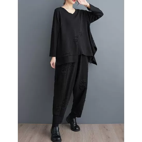 Split-Joint V-Neck Long Sleeves Asymmetric Solid Color T-Shirts Top + Harem Pants Elasticity Pants Bottom Two Pieces Set