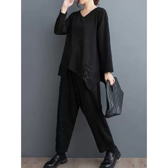 Split-Joint V-Neck Long Sleeves Asymmetric Solid Color T-Shirts Top + Harem Pants Elasticity Pants Bottom Two Pieces Set