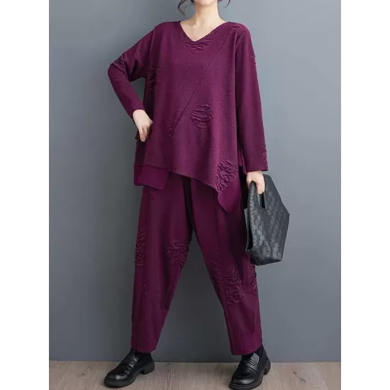 Split-Joint V-Neck Long Sleeves Asymmetric Solid Color T-Shirts Top + Harem Pants Elasticity Pants Bottom Two Pieces Set