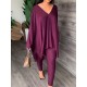 Batwing Sleeves Loose Solid Color V-Back V-Neck Shirts Tops&Pants Two Pieces Set