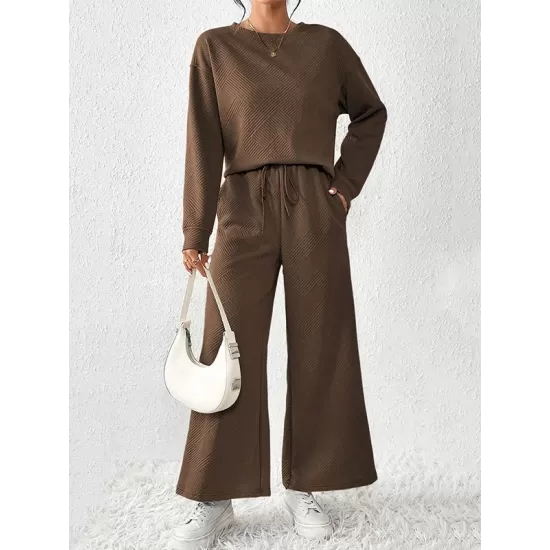 Round-Neck Long Sleeves Loose Solid Color Shirts Top + Drawstring Pants Bottom Two Pieces Set