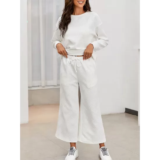 Round-Neck Long Sleeves Loose Solid Color Shirts Top + Drawstring Pants Bottom Two Pieces Set