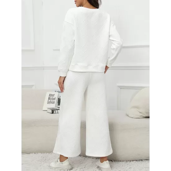 Round-Neck Long Sleeves Loose Solid Color Shirts Top + Drawstring Pants Bottom Two Pieces Set