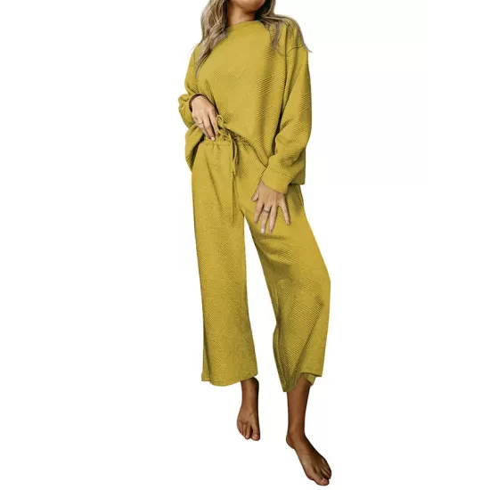 Round-Neck Long Sleeves Loose Solid Color Shirts Top + Drawstring Pants Bottom Two Pieces Set