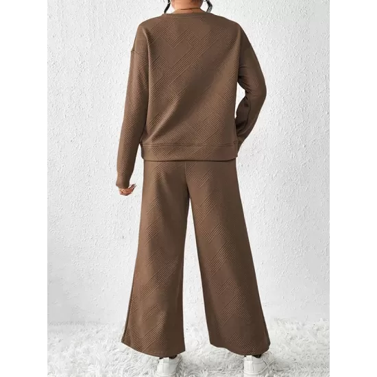 Round-Neck Long Sleeves Loose Solid Color Shirts Top + Drawstring Pants Bottom Two Pieces Set