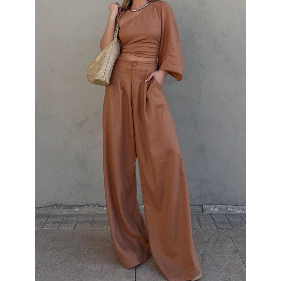 Solid Color One-Shoulder Long Sleeves Loose Asymmetric Elasticity Knot Pleated Shirts Top + Pants Bottom Two Pieces Set