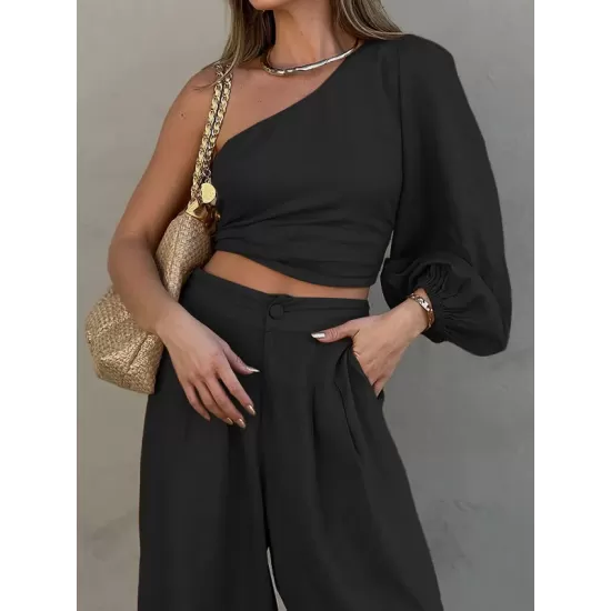 Solid Color One-Shoulder Long Sleeves Loose Asymmetric Elasticity Knot Pleated Shirts Top + Pants Bottom Two Pieces Set