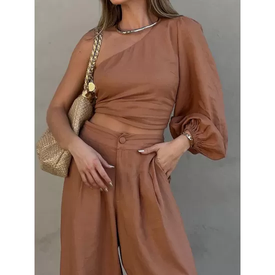 Solid Color One-Shoulder Long Sleeves Loose Asymmetric Elasticity Knot Pleated Shirts Top + Pants Bottom Two Pieces Set