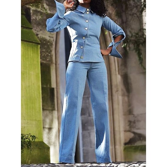 Long Sleeves Asymmetric Buttoned Hollow Lapel Pants Set Two Pieces Set