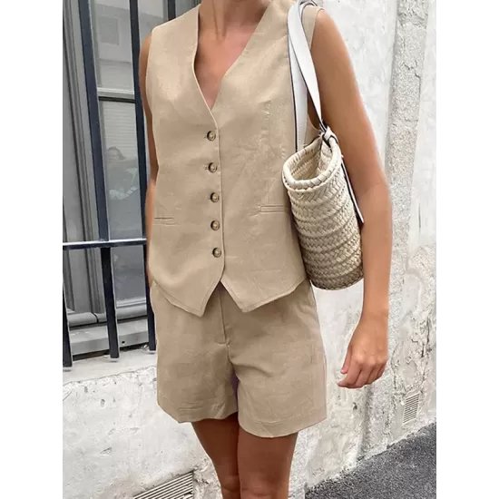 Sleeveless Buttoned Loose Pockets V-Neck Vest Top + Shorts Bottom Two Pieces Set