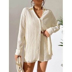 Loose Buttoned Long Sleeves Pleated Solid Color Lapel Shirts Top + Elasticity Shorts Bottom Two Pieces Set