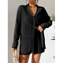 Loose Buttoned Long Sleeves Pleated Solid Color Lapel Shirts Top + Elasticity Shorts Bottom Two Pieces Set