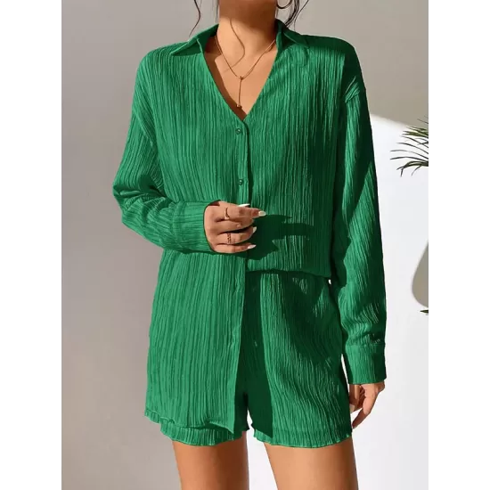 Loose Buttoned Long Sleeves Pleated Solid Color Lapel Shirts Top + Elasticity Shorts Bottom Two Pieces Set