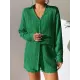 Loose Buttoned Long Sleeves Pleated Solid Color Lapel Shirts Top + Elasticity Shorts Bottom Two Pieces Set