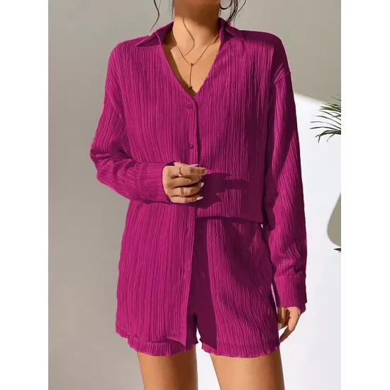 Loose Buttoned Long Sleeves Pleated Solid Color Lapel Shirts Top + Elasticity Shorts Bottom Two Pieces Set