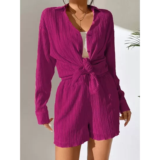 Loose Buttoned Long Sleeves Pleated Solid Color Lapel Shirts Top + Elasticity Shorts Bottom Two Pieces Set