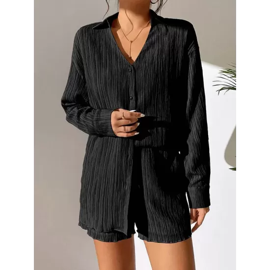 Loose Buttoned Long Sleeves Pleated Solid Color Lapel Shirts Top + Elasticity Shorts Bottom Two Pieces Set