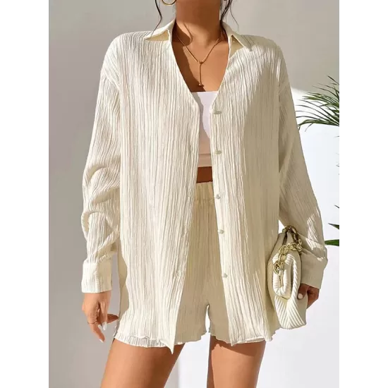 Loose Buttoned Long Sleeves Pleated Solid Color Lapel Shirts Top + Elasticity Shorts Bottom Two Pieces Set