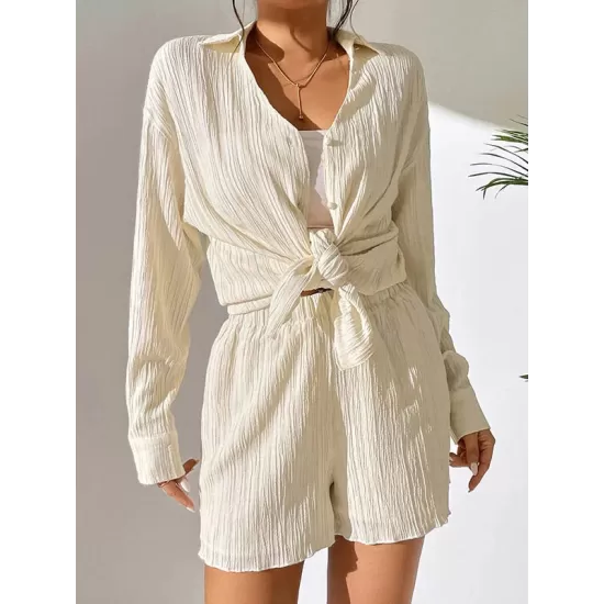 Loose Buttoned Long Sleeves Pleated Solid Color Lapel Shirts Top + Elasticity Shorts Bottom Two Pieces Set