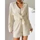 Loose Buttoned Long Sleeves Pleated Solid Color Lapel Shirts Top + Elasticity Shorts Bottom Two Pieces Set