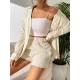 Loose Buttoned Long Sleeves Pleated Solid Color Lapel Shirts Top + Elasticity Shorts Bottom Two Pieces Set