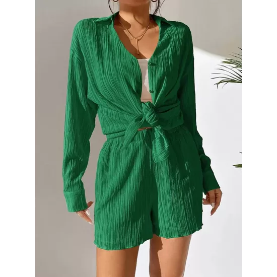 Loose Buttoned Long Sleeves Pleated Solid Color Lapel Shirts Top + Elasticity Shorts Bottom Two Pieces Set