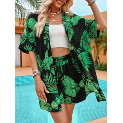 Leaves Print Loose Short Sleeves Buttoned Collarless T-Shirts Top + Drawstring Elasticity Shorts Bottom Two Pieces Set