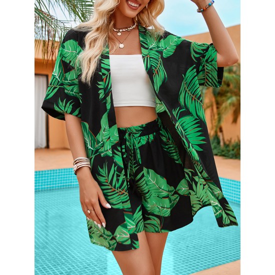 Leaves Print Loose Short Sleeves Buttoned Collarless T-Shirts Top + Drawstring Elasticity Shorts Bottom Two Pieces Set