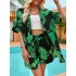 Leaves Print Loose Short Sleeves Buttoned Collarless T-Shirts Top + Drawstring Elasticity Shorts Bottom Two Pieces Set