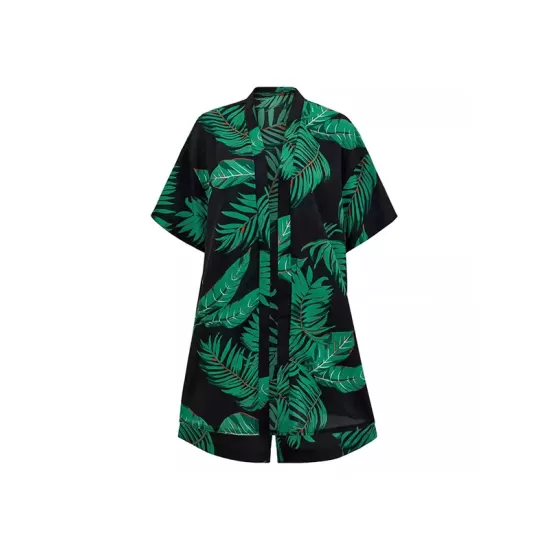 Leaves Print Loose Short Sleeves Buttoned Collarless T-Shirts Top + Drawstring Elasticity Shorts Bottom Two Pieces Set