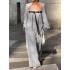 Buttoned Long Sleeves Collarless Outerwear Top + Wide Leg Belted Jumpsuits Two Pieces Set