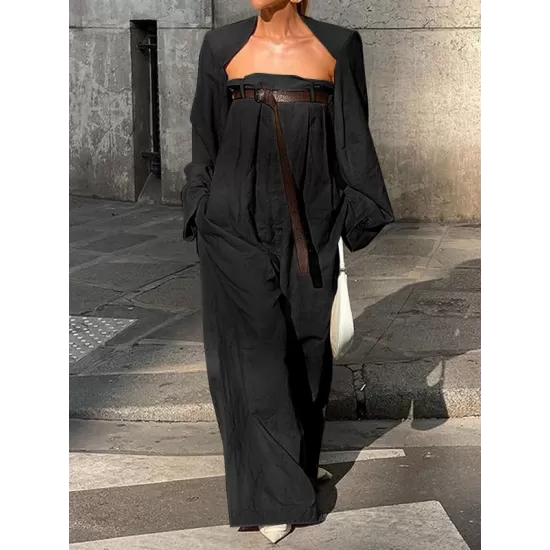 Buttoned Long Sleeves Collarless Outerwear Top + Wide Leg Belted Jumpsuits Two Pieces Set