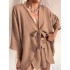 Solid Color Tied Half Sleeves V-Neck Shirts Top + High Waisted Elasticity Shorts Bottom Two Pieces Set