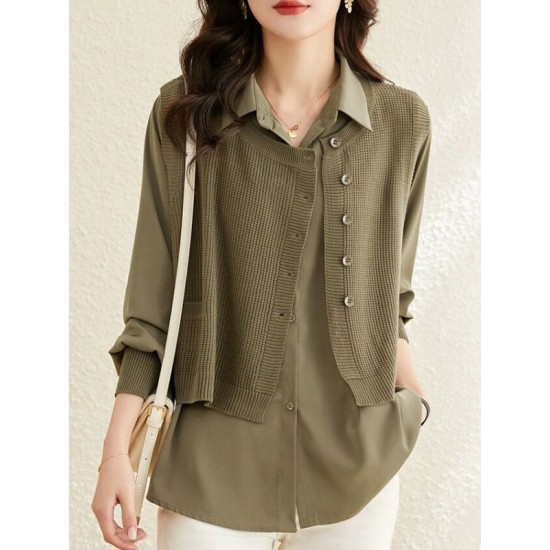 Long Sleeves Loose Solid Color Lapel  Inner Shirt + Pockets Buttoned Outer Knit Vest Two Pieces Set