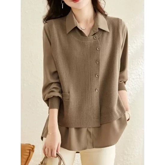 Long Sleeves Loose Solid Color Lapel  Inner Shirt + Pockets Buttoned Outer Knit Vest Two Pieces Set