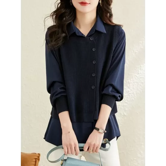 Long Sleeves Loose Solid Color Lapel  Inner Shirt + Pockets Buttoned Outer Knit Vest Two Pieces Set