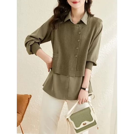 Long Sleeves Loose Solid Color Lapel  Inner Shirt + Pockets Buttoned Outer Knit Vest Two Pieces Set