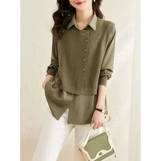 Long Sleeves Loose Solid Color Lapel  Inner Shirt + Pockets Buttoned Outer Knit Vest Two Pieces Set