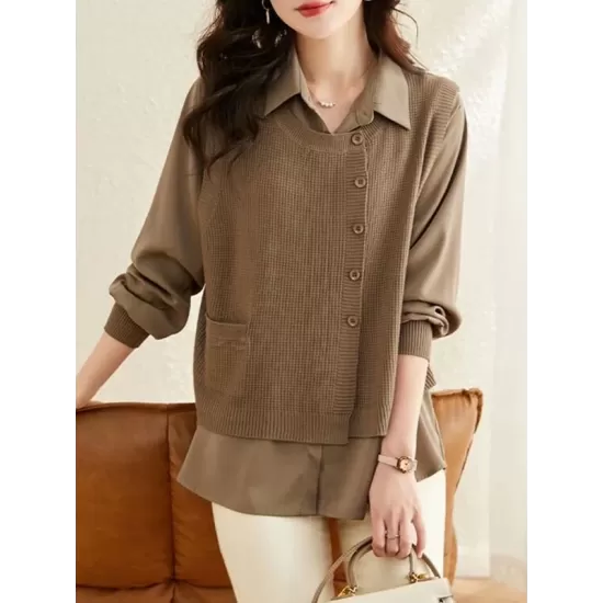 Long Sleeves Loose Solid Color Lapel  Inner Shirt + Pockets Buttoned Outer Knit Vest Two Pieces Set