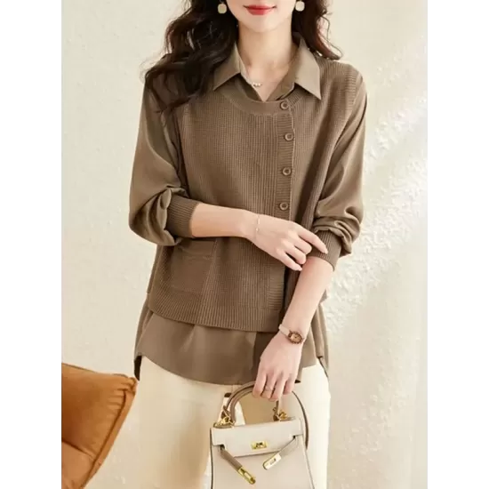 Long Sleeves Loose Solid Color Lapel  Inner Shirt + Pockets Buttoned Outer Knit Vest Two Pieces Set